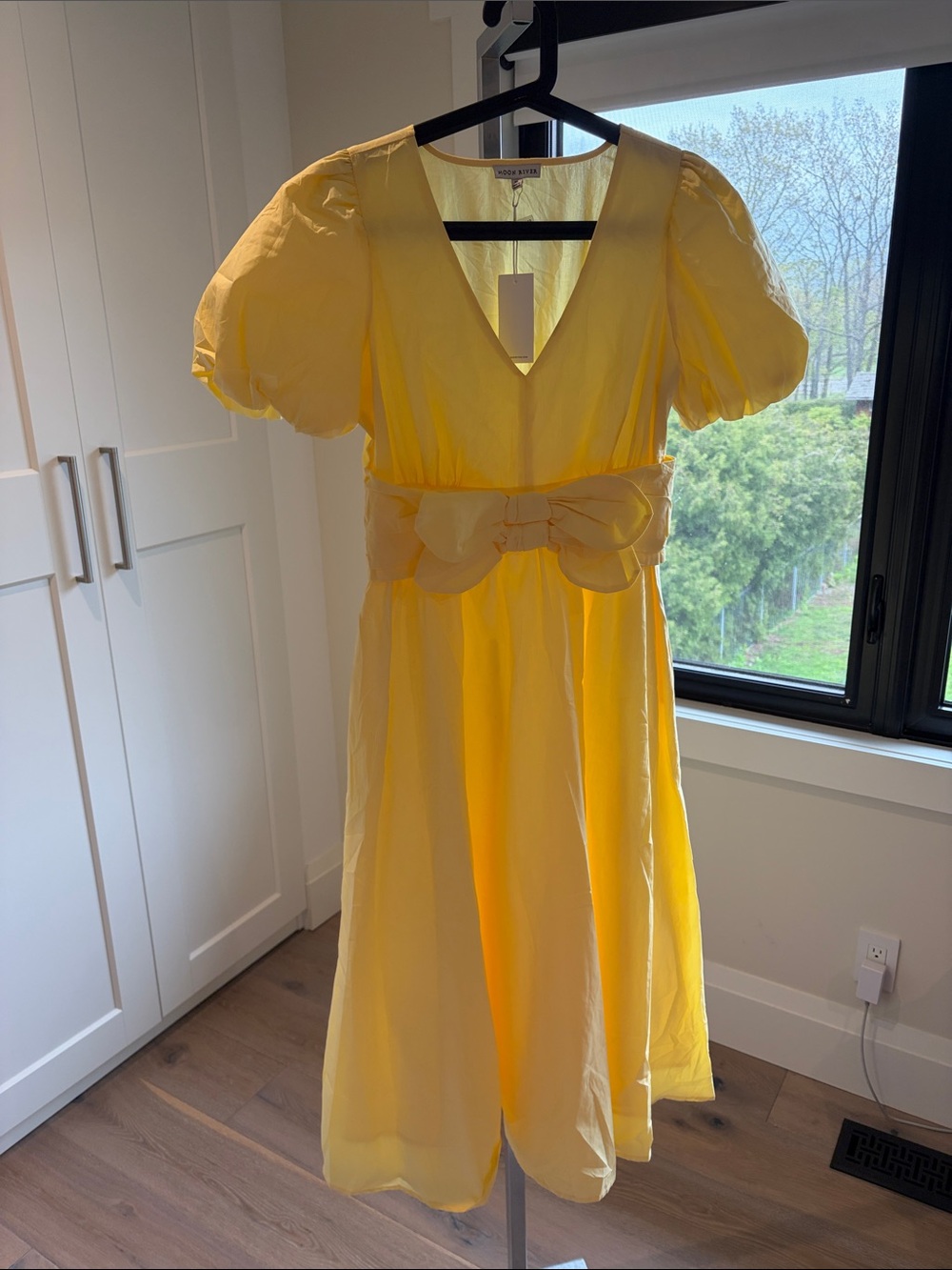 Moon River Yellow Puff-Sleeve Bow Midi Dress